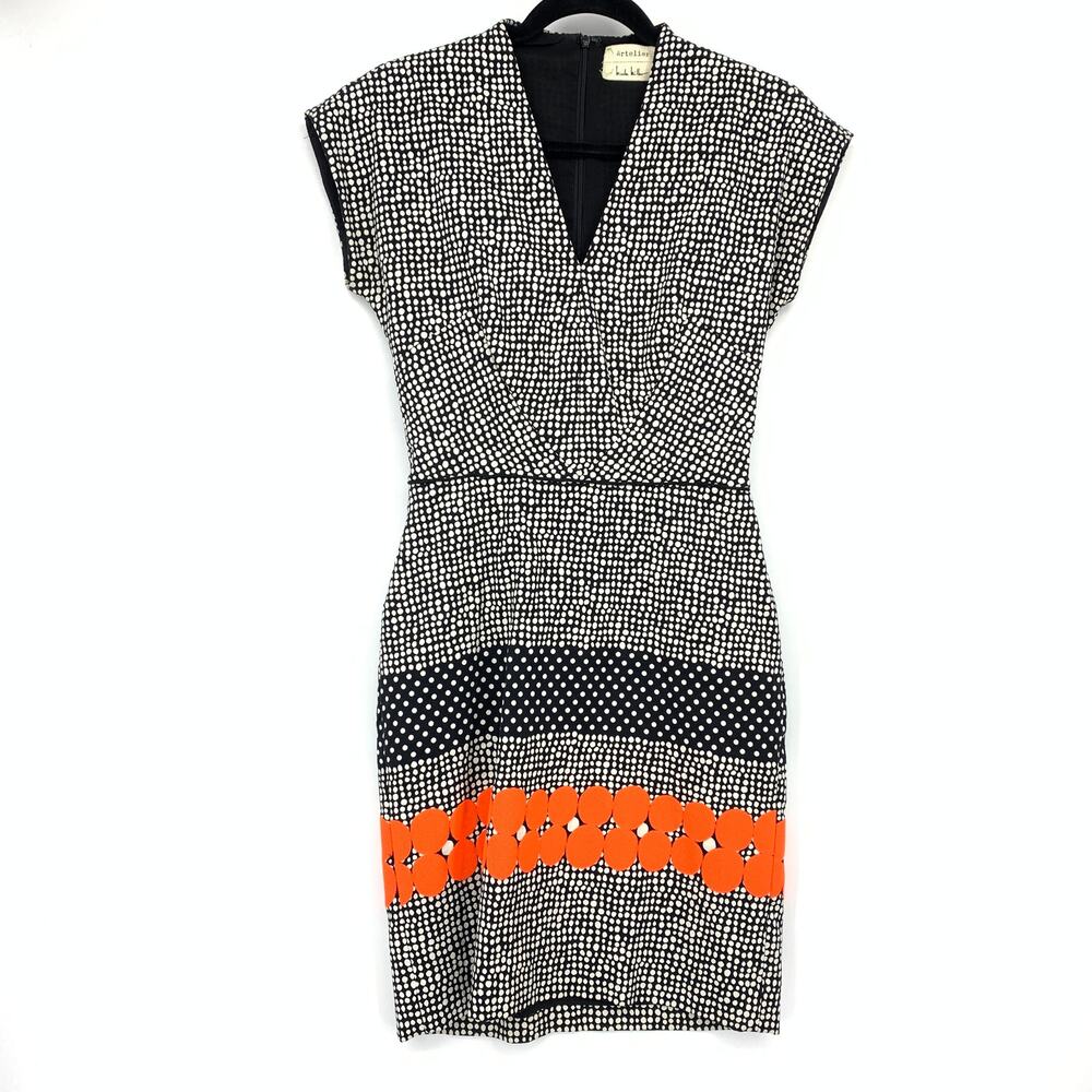 Nicole Miller Artelier Cap Sleeve Sheath Dress Womens Sz 2 Black White Orange